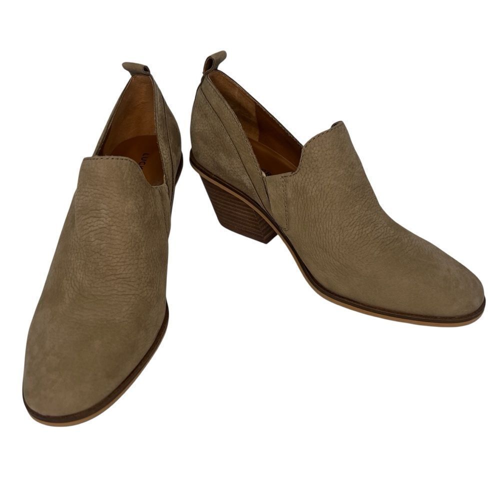 NWOB! Lucky Brand Vennia Slip On Suede Brown Leather Ankle Booties Sz 9M